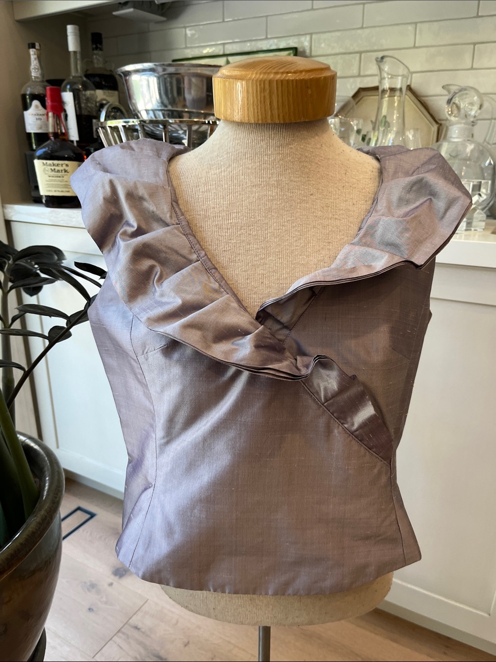 Ross Mayer Lavender Colour 100%  Silk Ruffled V-Neck Sleeveless Blouse